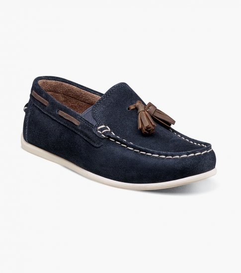 Florsheim Jasper Jr. Boys Moc Toe Drop Tassel Loafer - Navy Suede - Click Image to Close